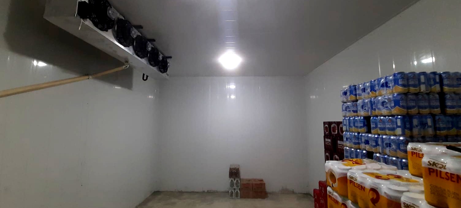 Câmara fria em uso, com unidade evaporadora no teto e estoque organizado