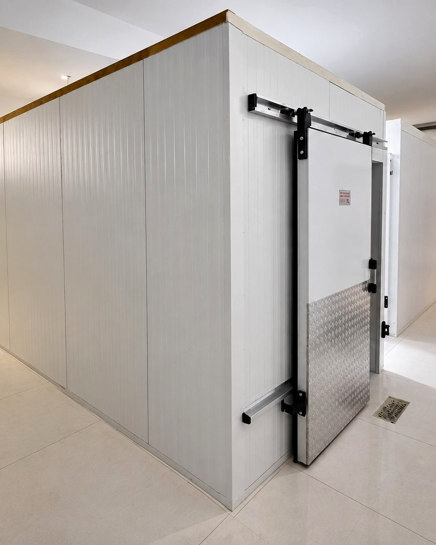 Câmara fria recém-instalada, com painéis e acabamento em chapa