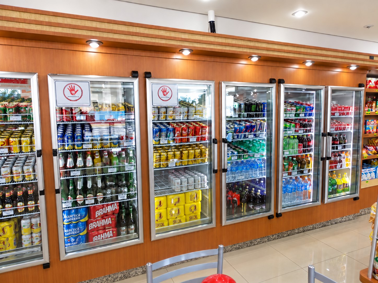 Walk-in cooler abastecido de bebidas, visto do salão da loja