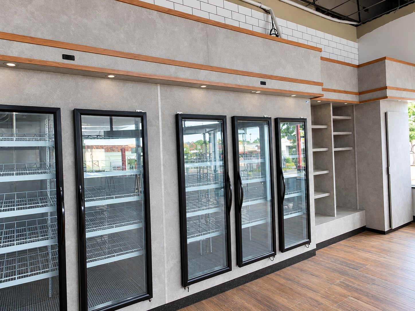Walk-in cooler de autosserviço com portas de vidro, integrado à parede da loja