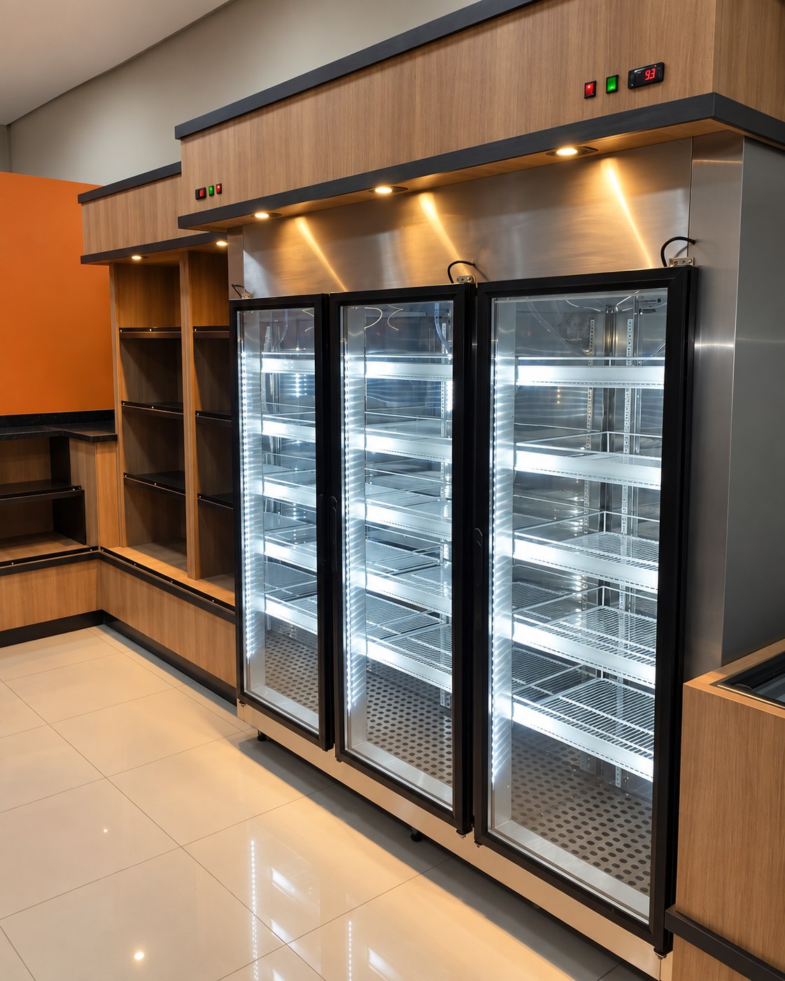 Walk-in cooler de três portas de vidro, abastecido de bebidas