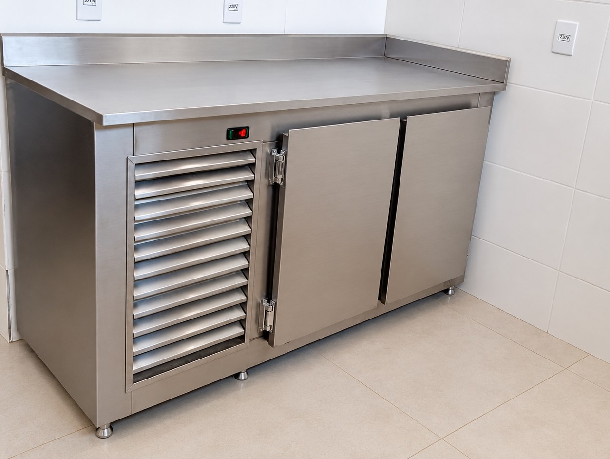 Balcão refrigerado em aço inox com portas e grade de ventilação, encostado na parede