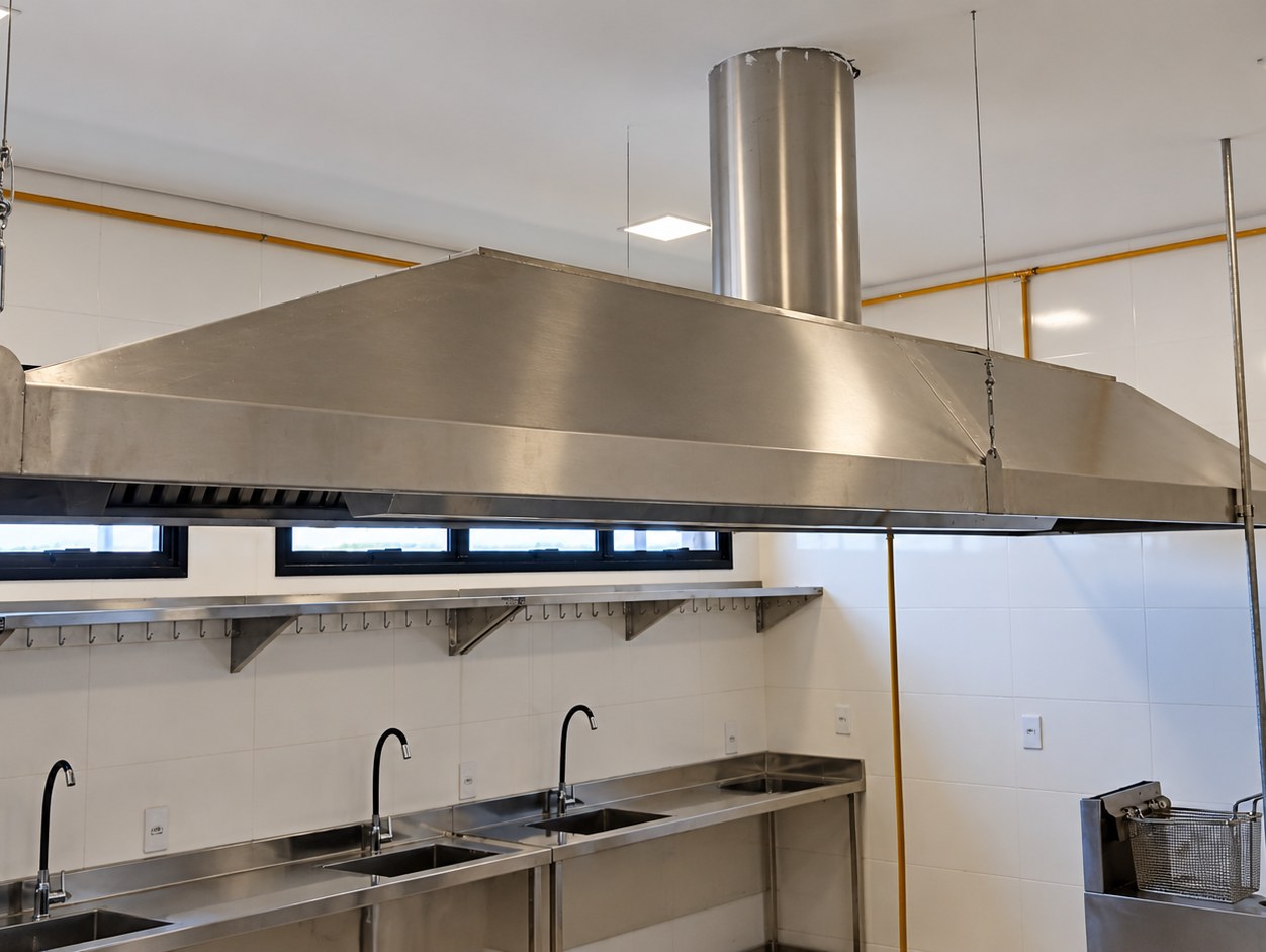 Coifa central em aço inox suspensa sobre a bancada de pias, com chaminé