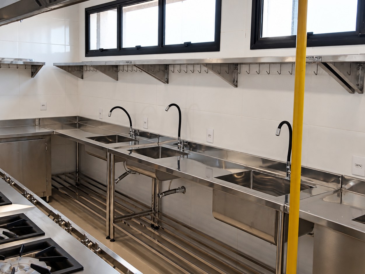 Bancada de pias em aço inox com prateleiras suspensas e ganchos, ao lado do fogão