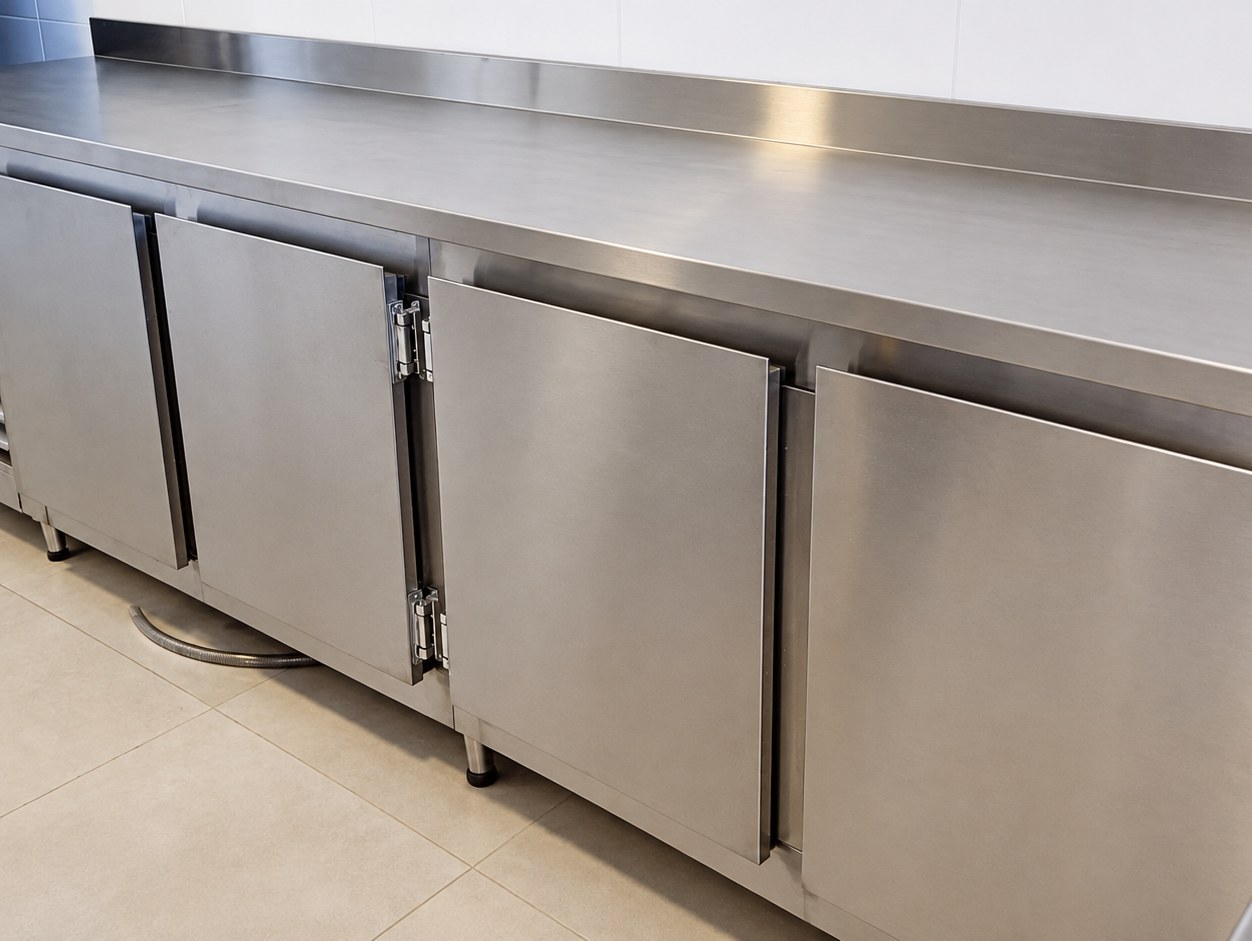 Bancada longa em aço inox com armários de portas e tampo corrido