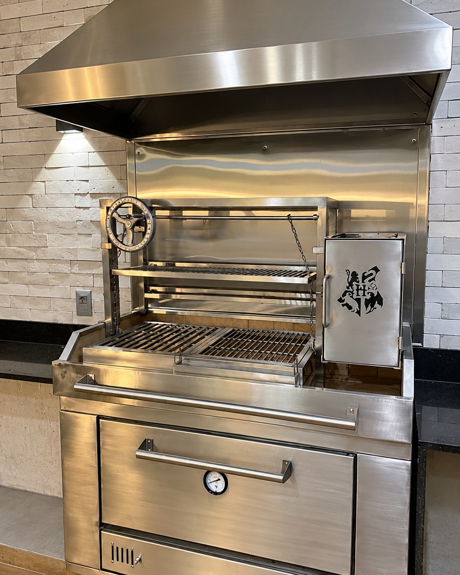Churrasqueira em aço inox com coifa, grelha regulável e forno, em área de cocção