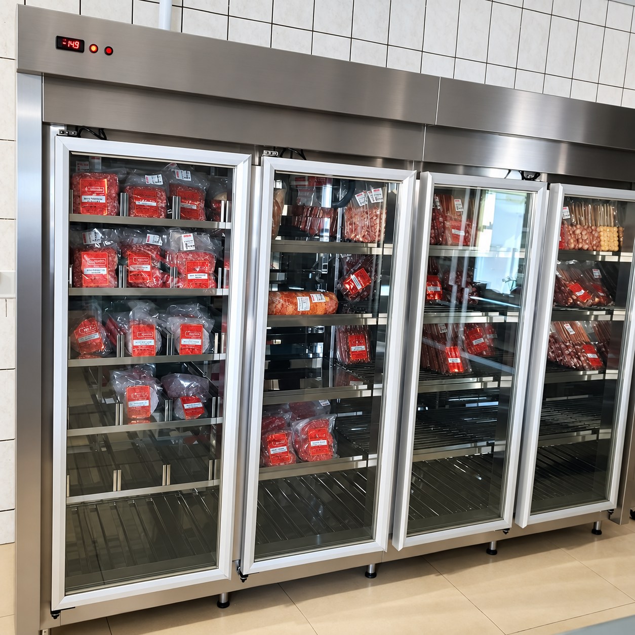 Geladeiras em aço inox com portas de vidro, abastecidas com frios e embutidos embalados