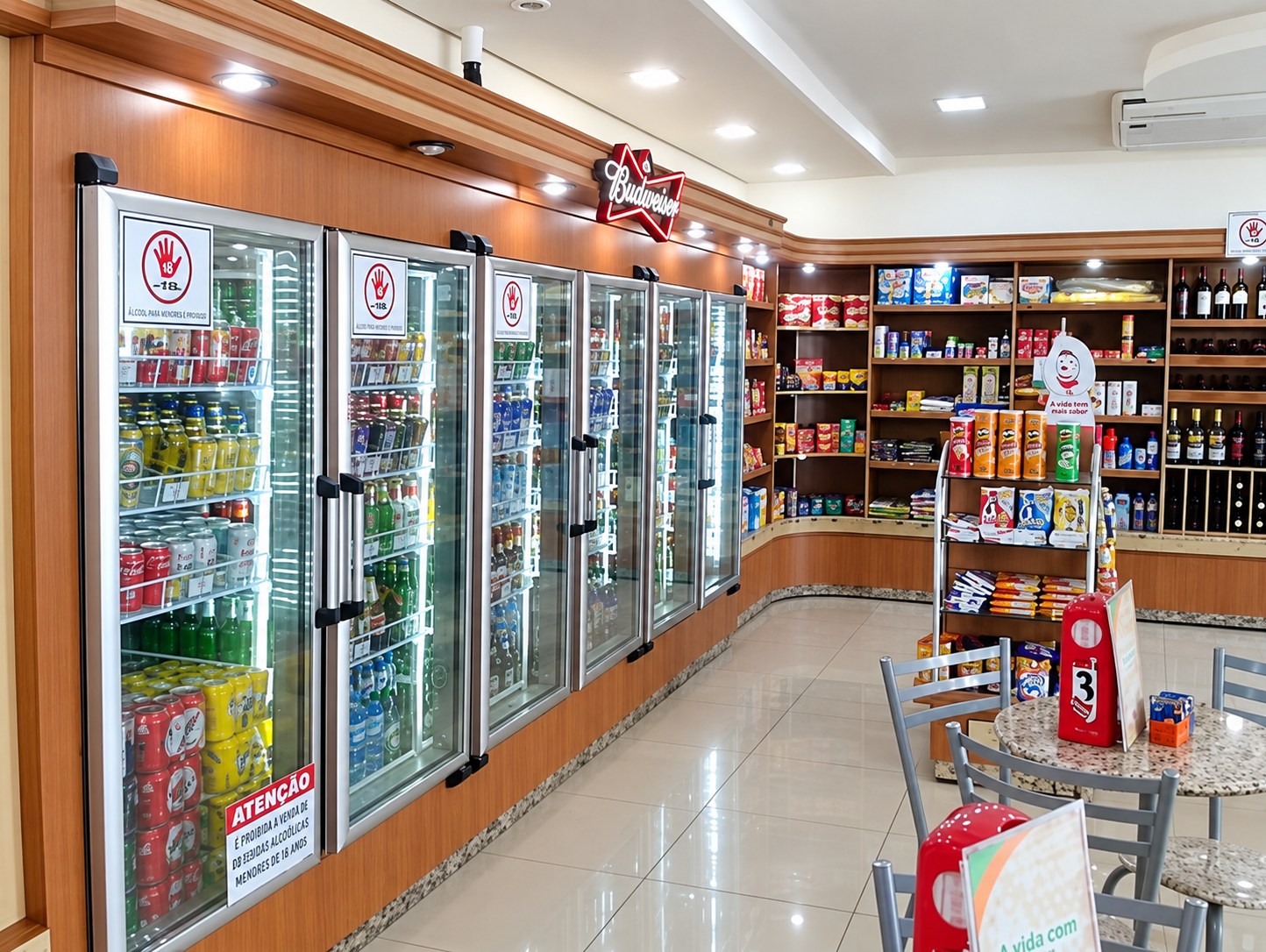 Loja de conveniência com parede de geladeiras de portas de vidro, gôndolas e mesas