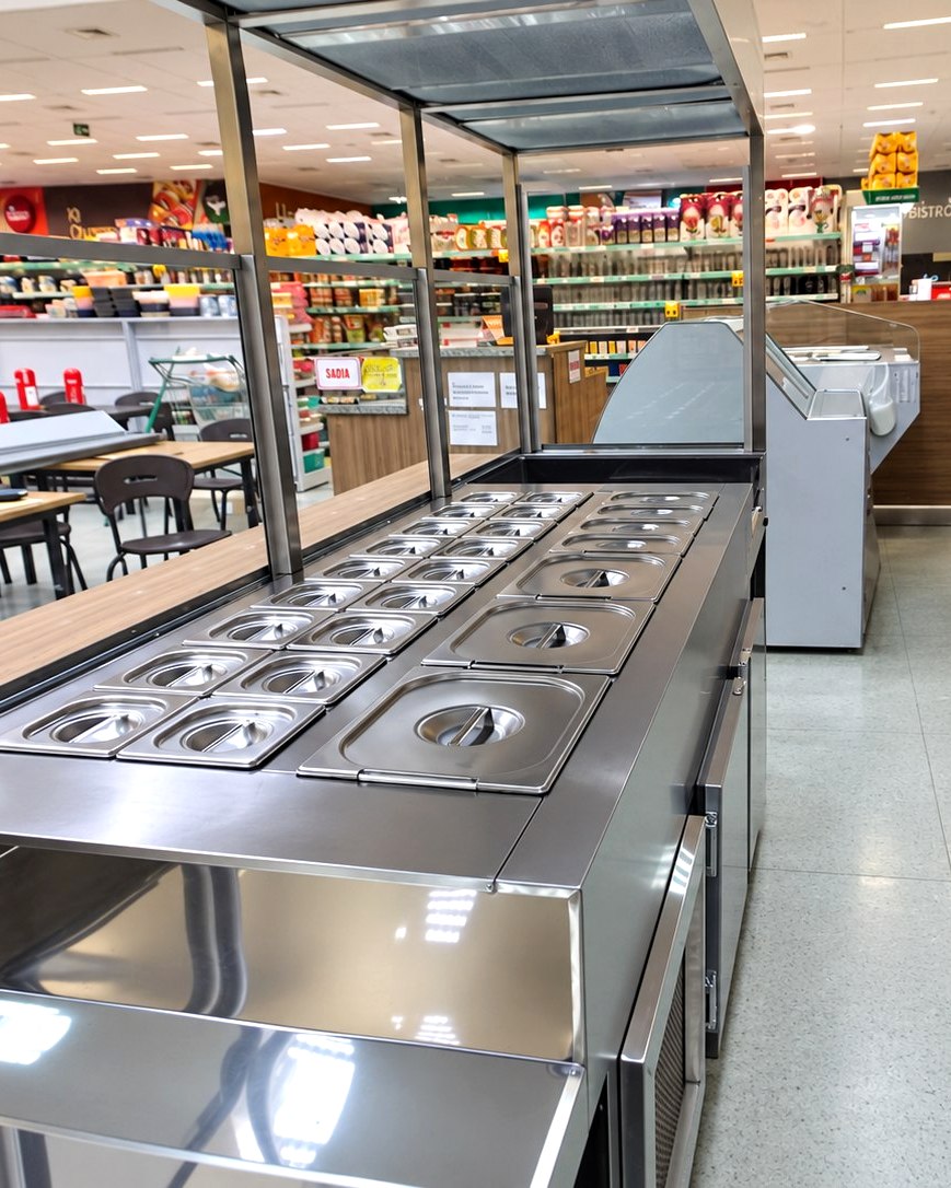 Detalhe da pista de autosserviço em aço inox, com cubas e apoio