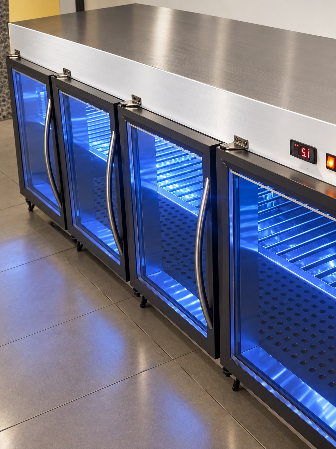 Módulo cervejeira com portas de vidro e iluminação interna em LED