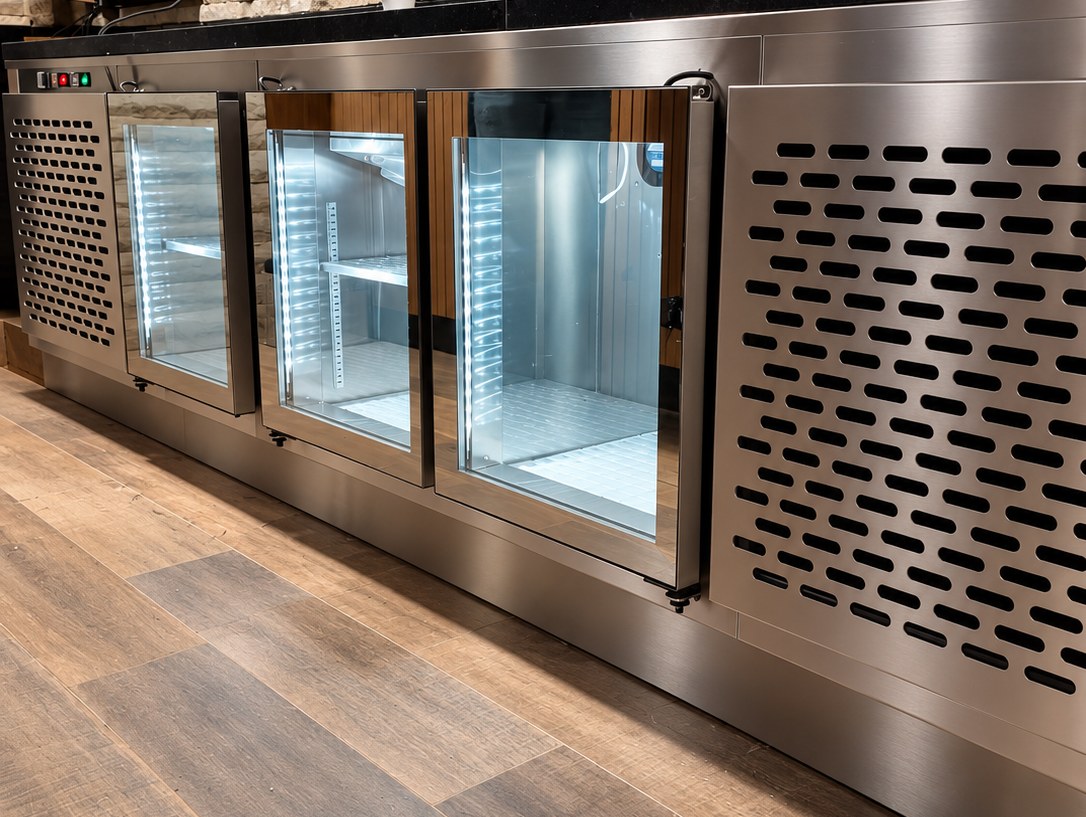 Balcão refrigerado em aço inox com portas de vidro, instalado em área de lazer com parede de pedra