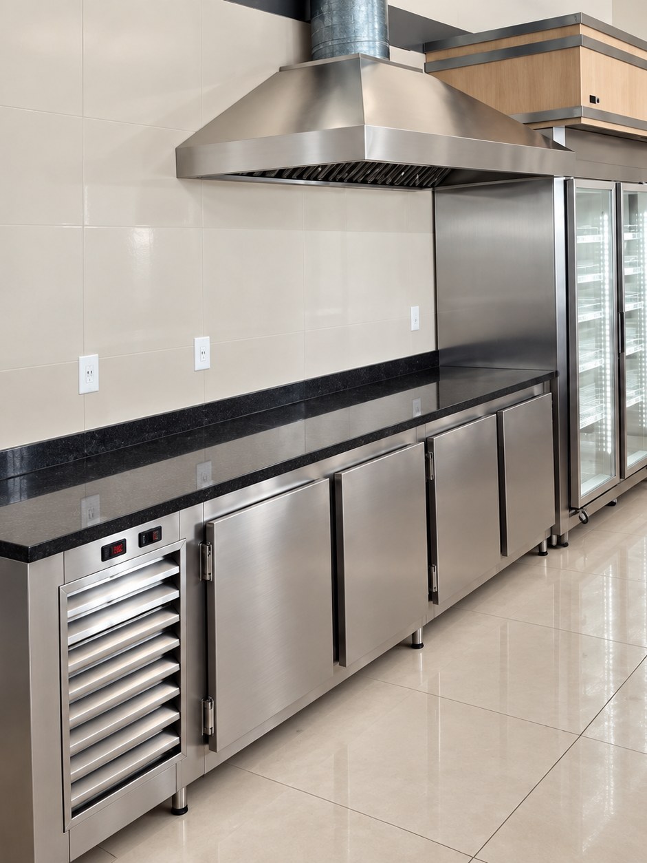 Bancada em aço inox com portas e coifa, na área de apoio da varanda