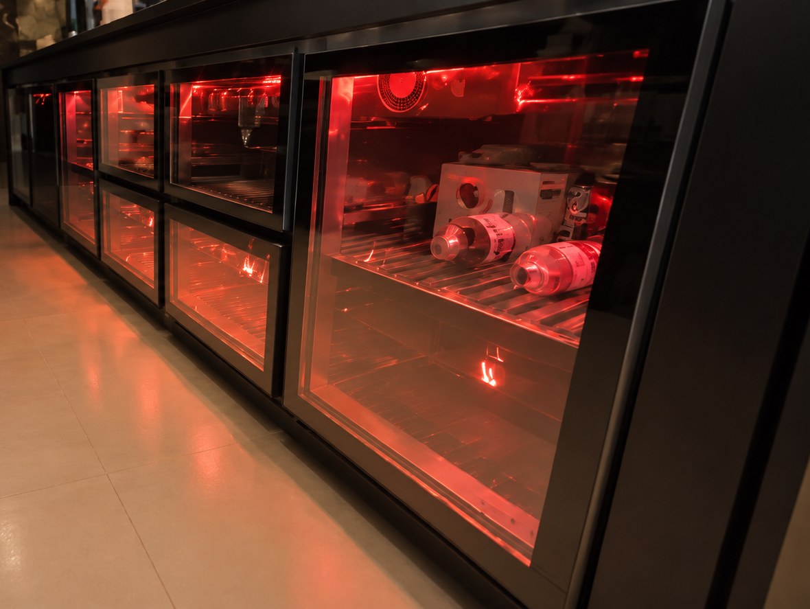 Sequência de módulos refrigerados com portas de vidro e iluminação interna