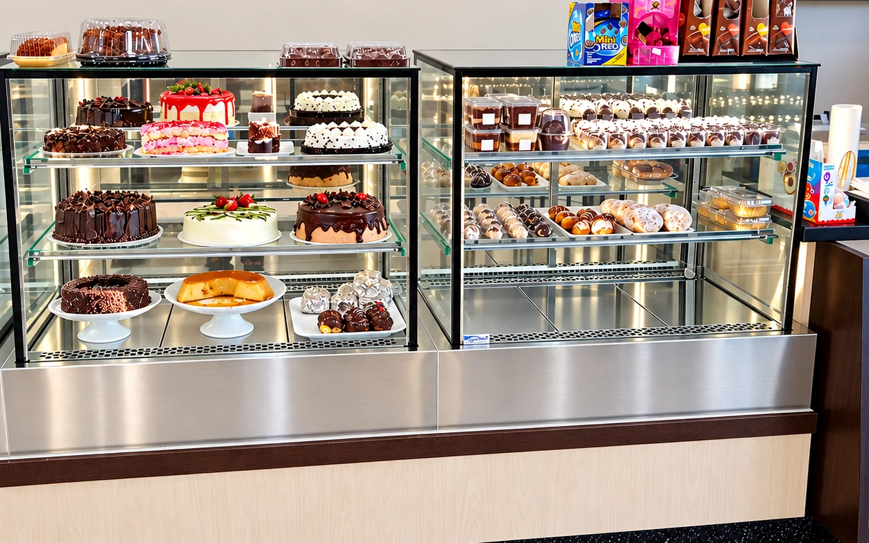 Duas vitrines refrigeradas cheias de bolos, tortas e doces