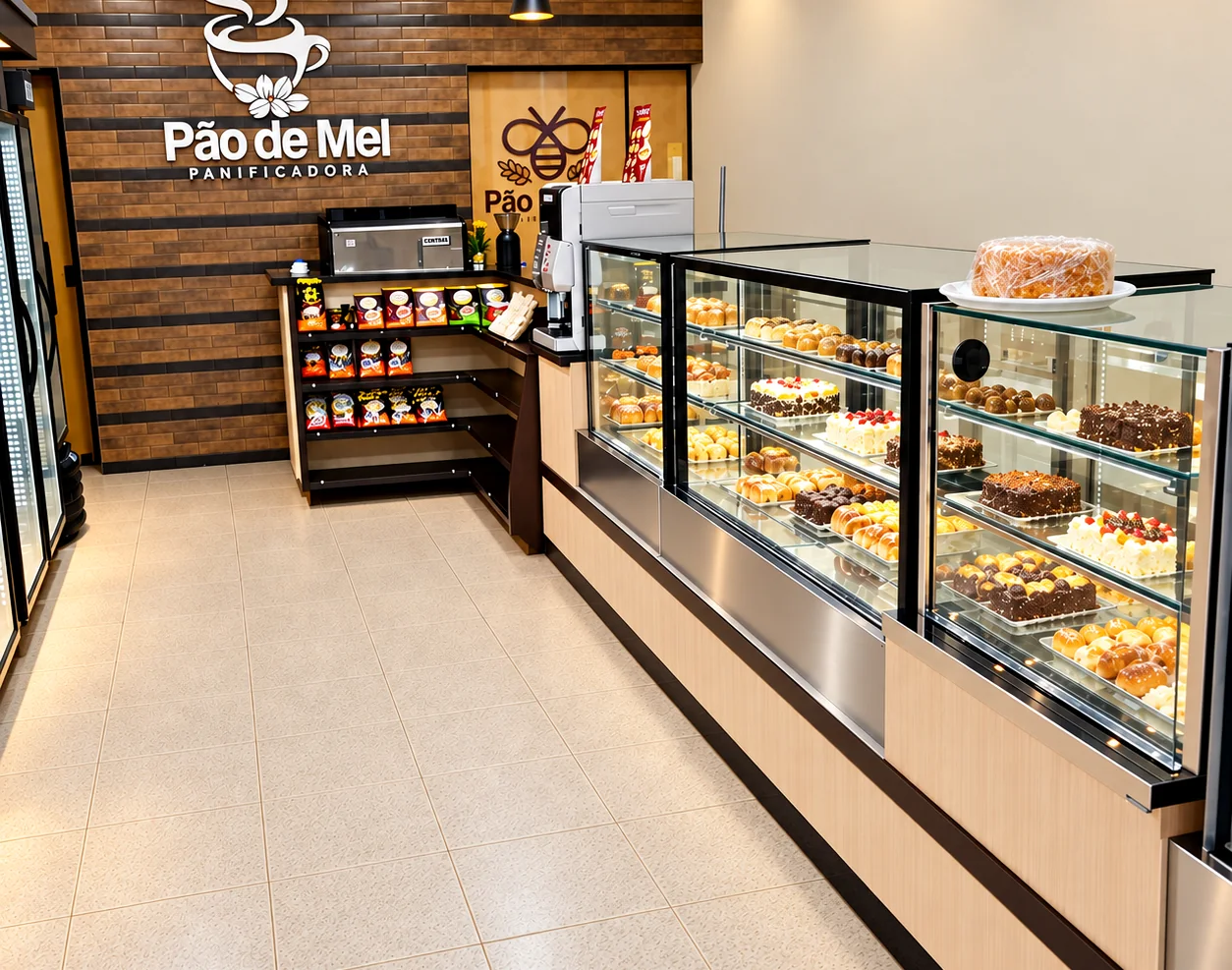 Salão da padaria com balcão longo, vitrines refrigeradas cheias e expositor de café