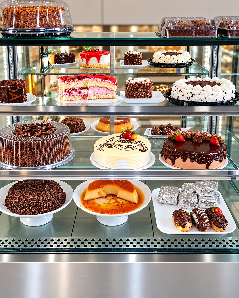 Vitrine refrigerada de bolos e tortas, com iluminação interna