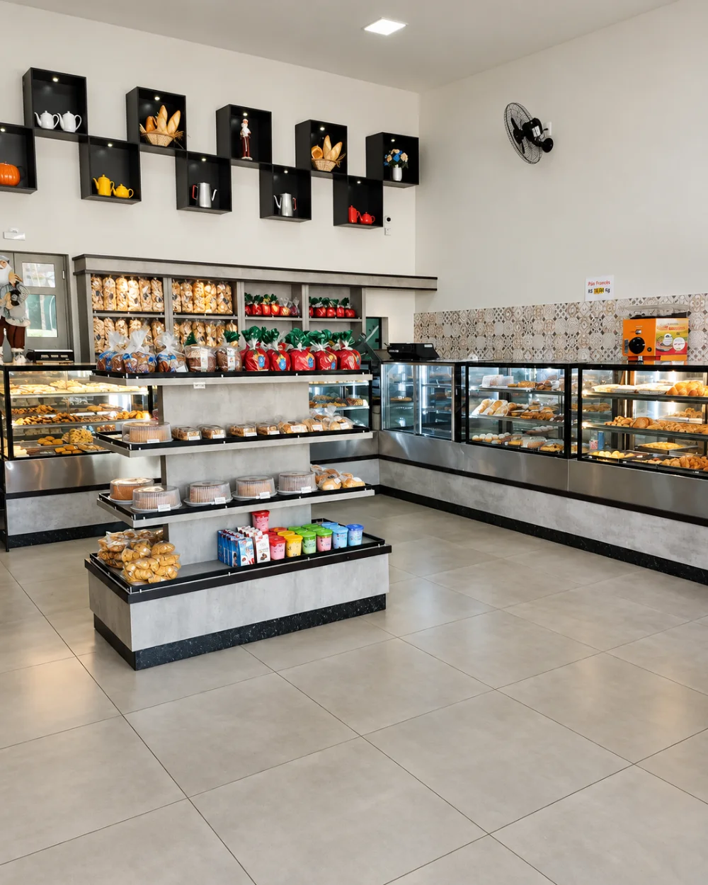 Salão com nichos decorativos, ilha de pães e balcão de vitrines em L