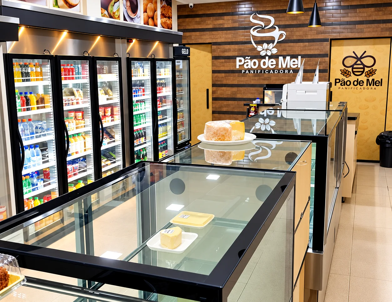 Ambiente completo da padaria, com geladeiras, balcões e área de atendimento