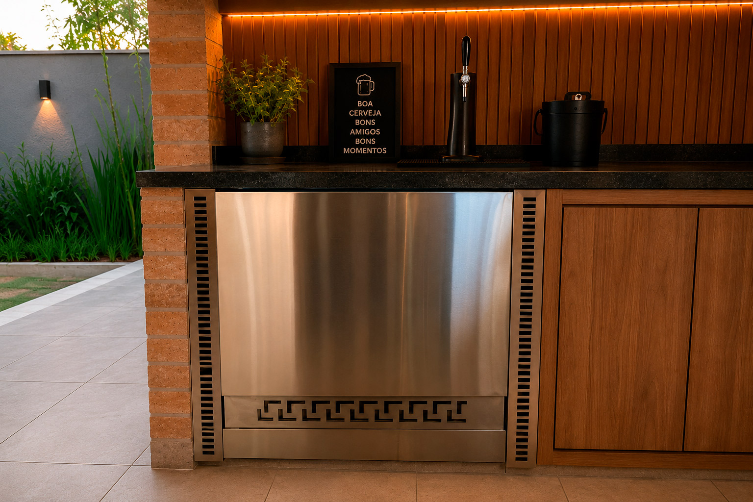 Balcão gourmet em aço inox e madeira instalado em área externa